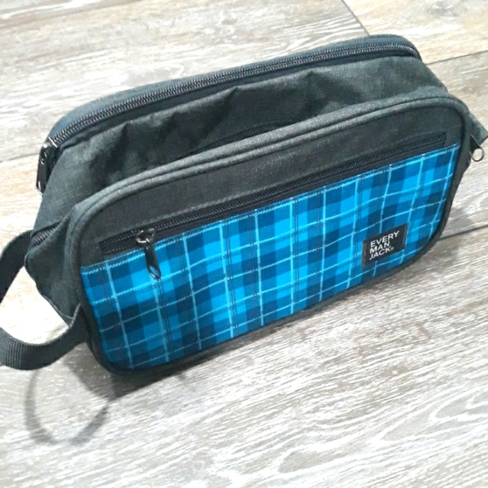 Every Man Jack blue plaid and grey nylon toiletry bag. NWOT.
